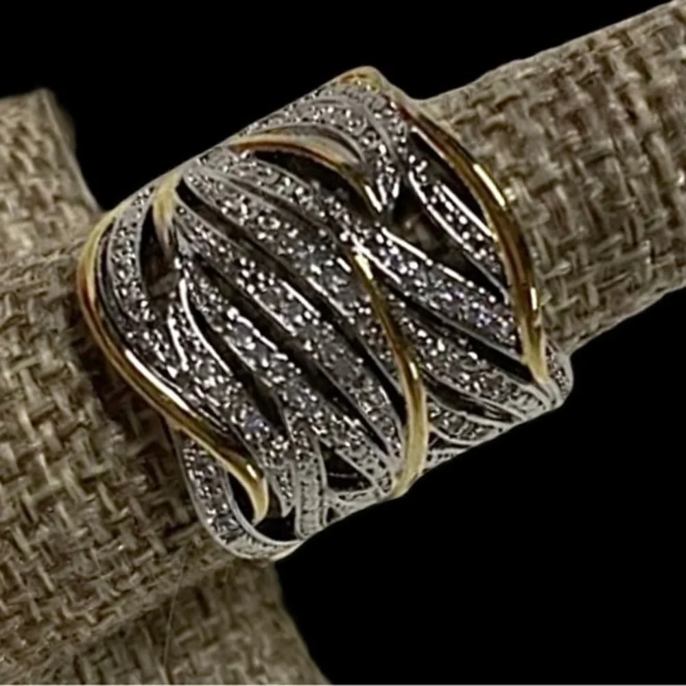 Two Tone gold silver Round Diamond Layer Very Wide Band Ring 925 stamped